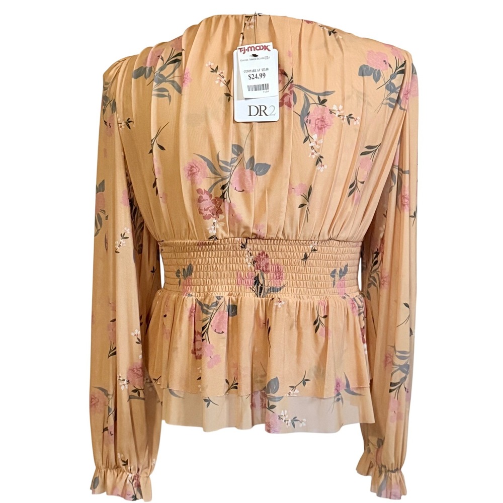 NEW DR2 Womens Floral Mesh Smocked Peplum Top Long Sleeve V-Neck Blouse Large - Picture 2 of 4